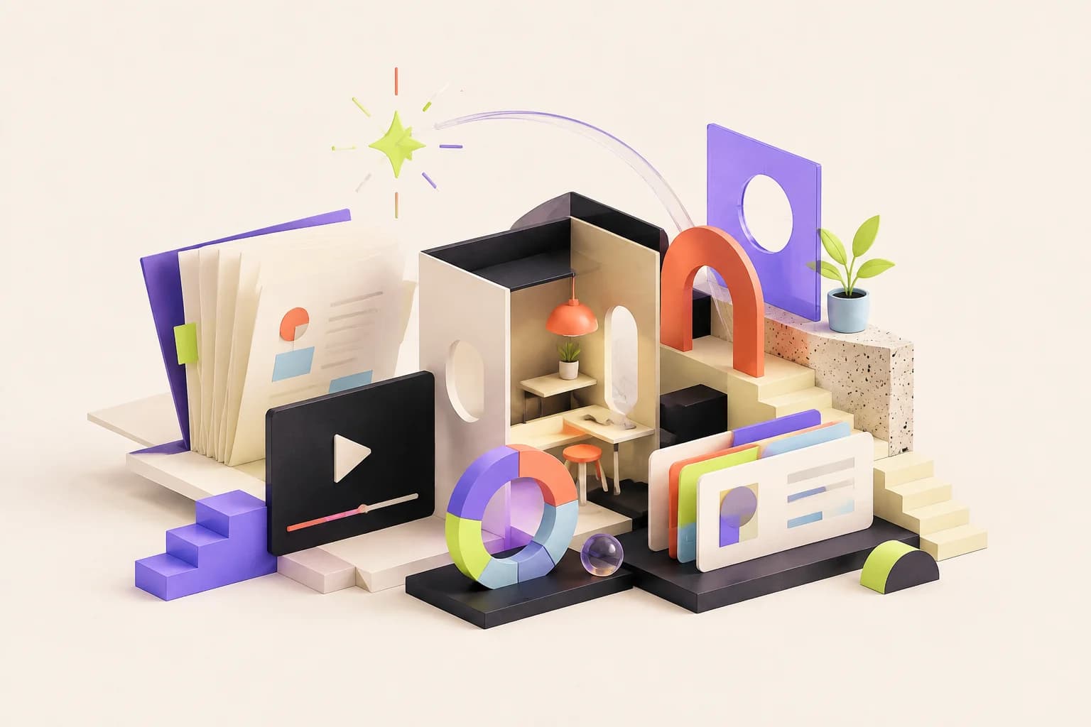 Illustration éditoriale d’un studio de formation modulaire